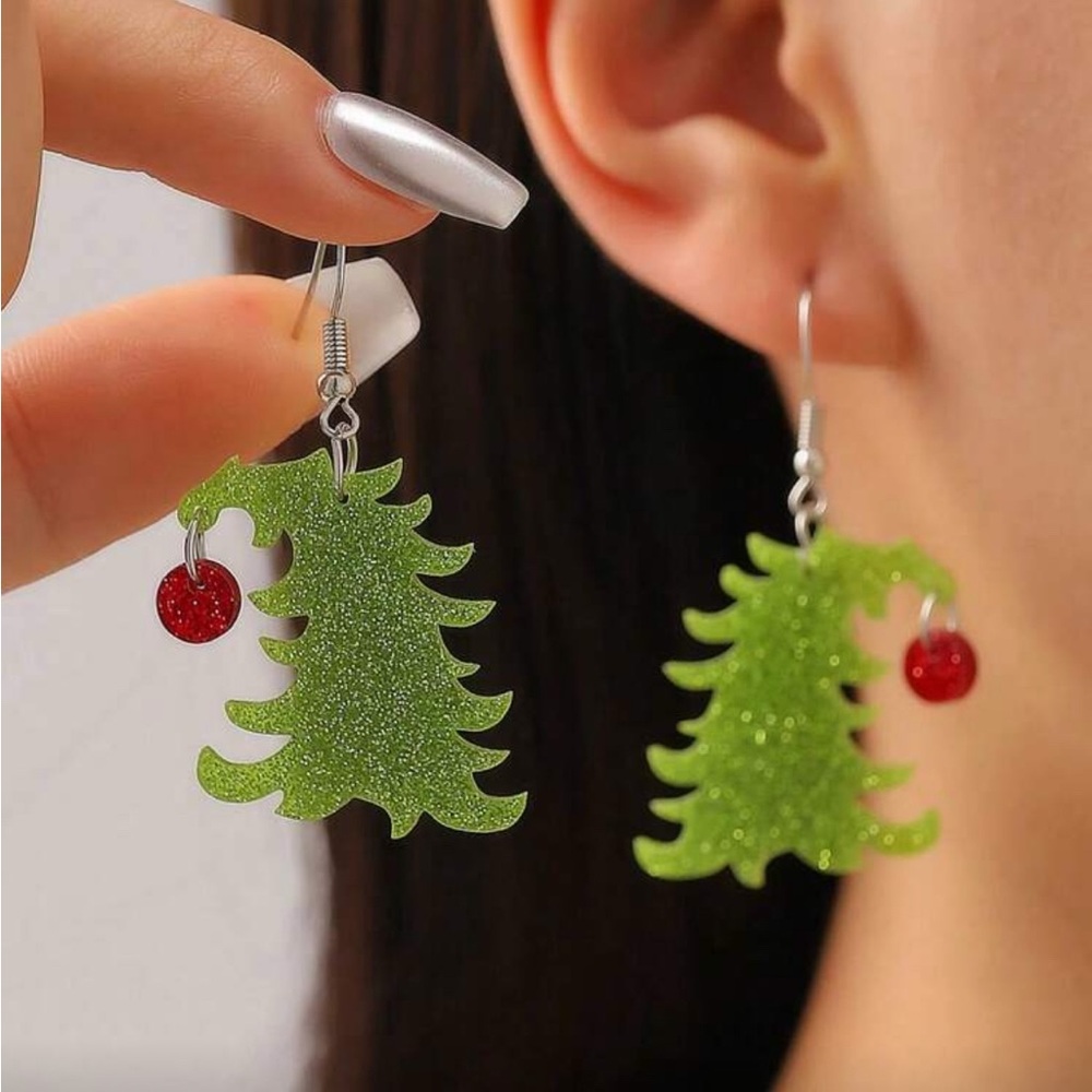 Green Glitter Christmas Tree Grinch Earrings